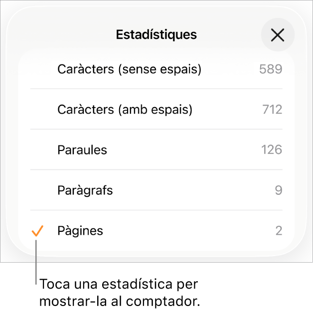 El menú Estadístiques amb les opcions de visualització del nombre de caràcters amb i sense espais, el recompte de paraules, el recompte de paràgrafs i el recompte de pàgines.