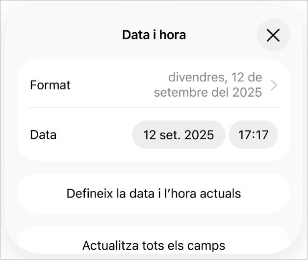 Els controls “Data i hora”, en què es mostra un menú desplegable per al format de la data i el botó “Defineix la data i hora actuals”.