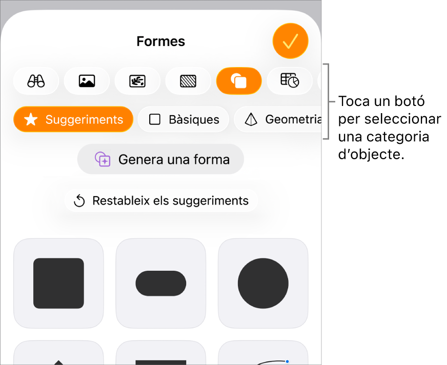 Els controls per afegir un objecte, amb botons a la part superior per seleccionar taules, gràfics, formes (línies i quadres de text) i contingut multimèdia.