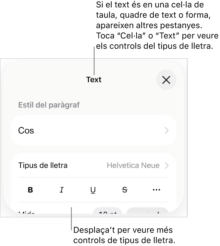 Controls de text al menú Format per definir els estils de paràgraf i de caràcter, el tipus de lletra, la mida i el color.