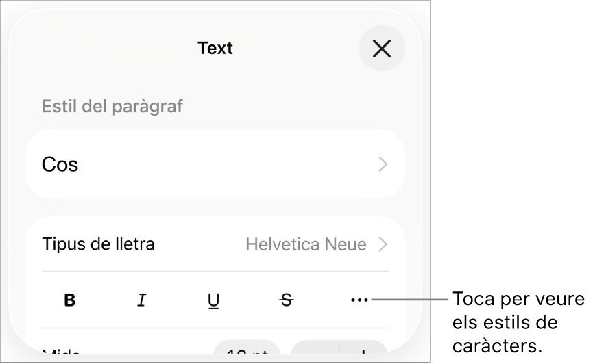 Els controls de Format amb els botons Negreta, Cursiva, Subratllat, Ratllat i “Més opcions de text”.