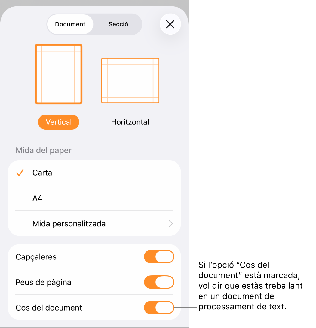 Configuració del document oberta amb l’opció “Cos del document” marcada en un document de processament de text.