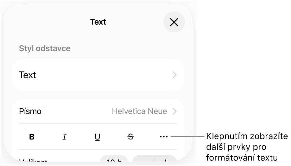 Panel Text v ovládacích prvcích formátování; popiskem je označeno tlačítko Další textové volby