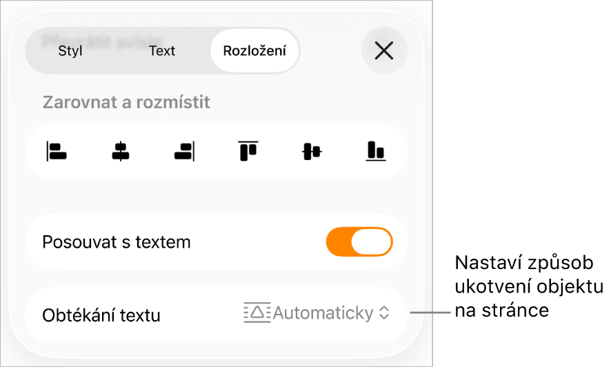 Ovládací prvky rozložení s funkcemi V textu a Obtékání textu