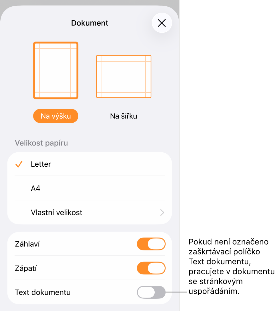 Otevřené Nastavení dokumentu s nezaškrtnutým políčkem Text dokumentu v dokumentu se stránkovým uspořádáním