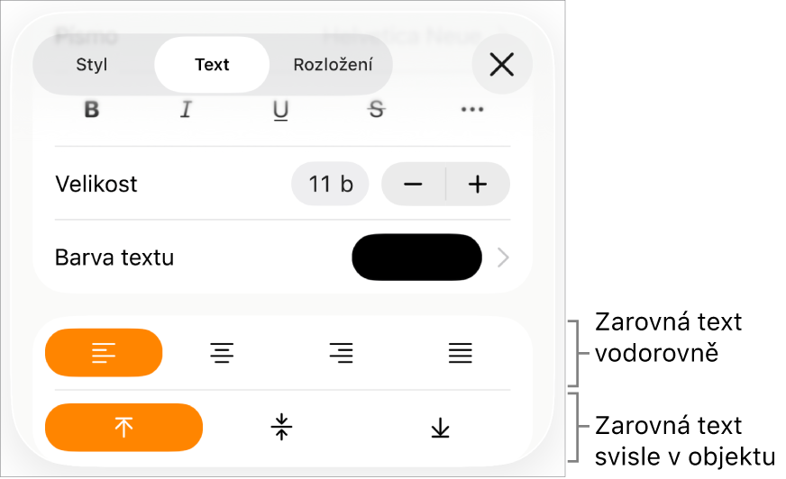 Panel Uspořádání s popisky tlačítek zarovnání textu a rozestupů