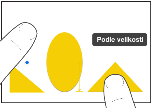 Jeden prst se nachází nad tvarem, druhý prst drží objekt a na obrazovce je zobrazen výraz Podle velikosti