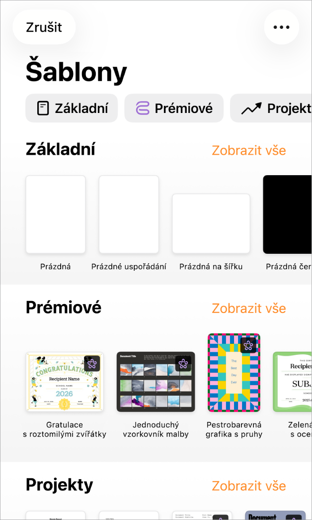 Okno pro výběr šablon s řádkem kategorií u horního okraje; klepnutím na ně můžete filtrovat možnosti pro výběr. Pod ním jsou vidět miniatury předdefinovaných šablon, uspořádané v řádcích podle kategorií. Na začátku je Nová a pak následují Poslední a Základní. U řádku každé kategorie je vpravo nahoře zobrazeno tlačítko Zobrazit vše. Tlačítko Jazyk a oblast se nachází v pravém horním rohu