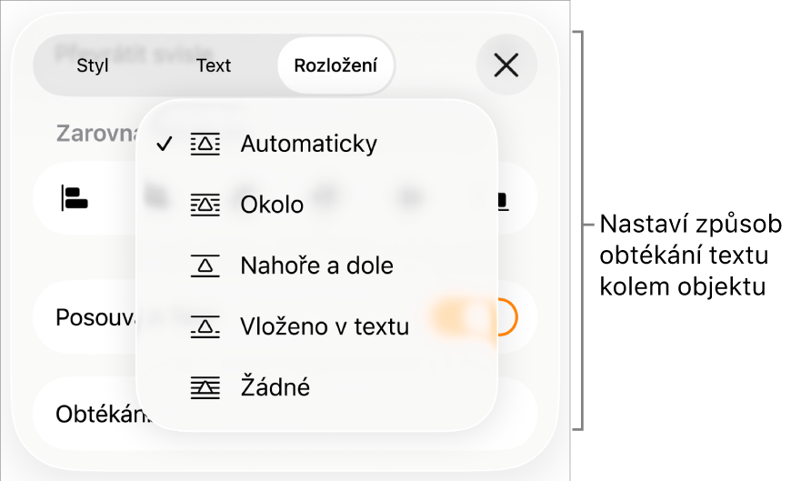 Ovládací prvky Obtékání textu s položkami Automaticky, Okolo, Nahoře a dole, Vložené v textu a Žádné