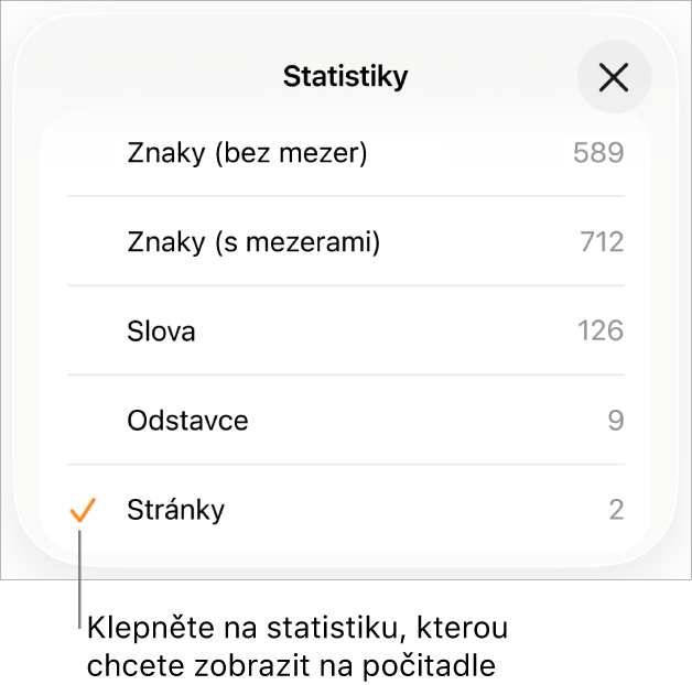 Nabídka Statistiky ukazující volby pro zobrazení počtu znaků bez mezer a s mezerami, počet slov, počet odstavců a počet stránek.