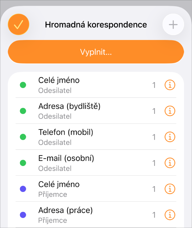 Instance polí pro hromadnou korespondenci zobrazené v nabídce Hromadná korespondence