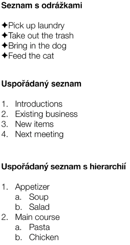 Ukázky seznamu s odrážkami, seřazeného seznamu a seznamu s hierarchickými úrovněmi