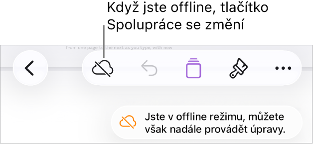 Tlačítka u horního okraje obrazovky, mezi nimiž je tlačítko Spolupráce změněné na ikonu mraku přeškrtnutého diagonální linkou. Na obrazovce se zobrazí upozornění „Jste v offline režimu, můžete však nadále provádět úpravy.“