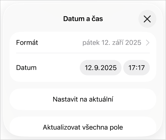 Ovládací prvky data a času se zobrazenou místní nabídkou pro formátování data a tlačítky Nastavit na aktuální a Aktualizovat všechna pole
