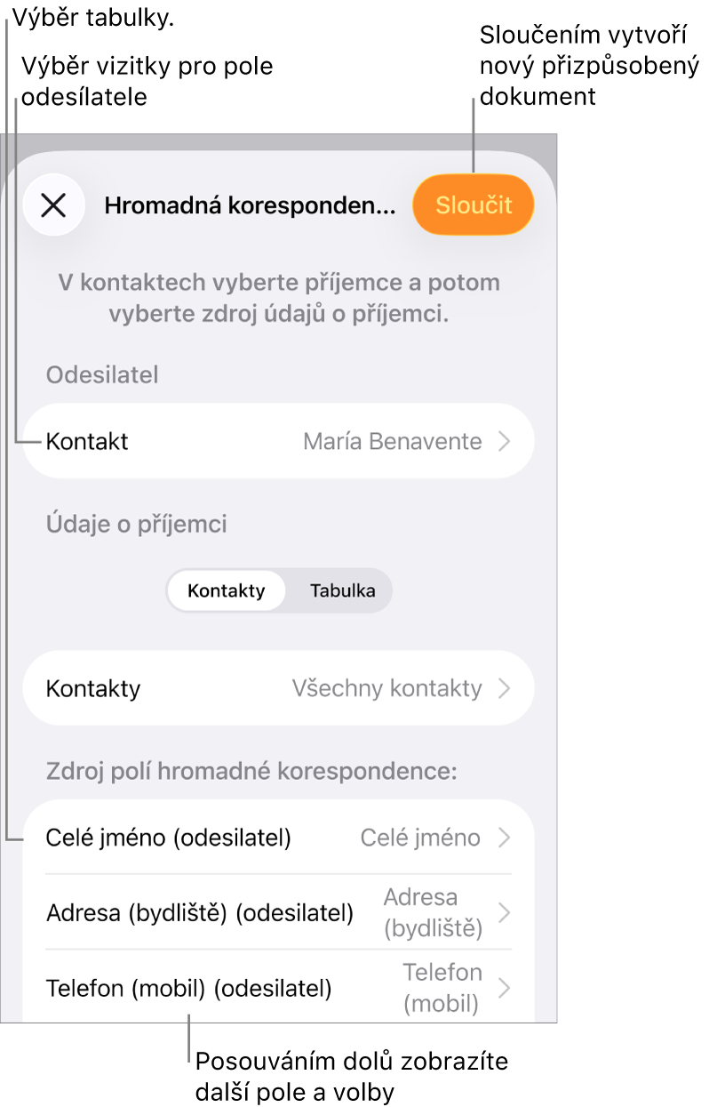 Zobrazený panel Hromadná korespondence s volbami pro výběr údajů odesilatele, pro změnu zdrojového souboru nebo tabulky, zobrazení náhledu s názvy polí hromadné korespondence nebo jednotlivých záznamů a pro hromadné rozeslání dokumentu