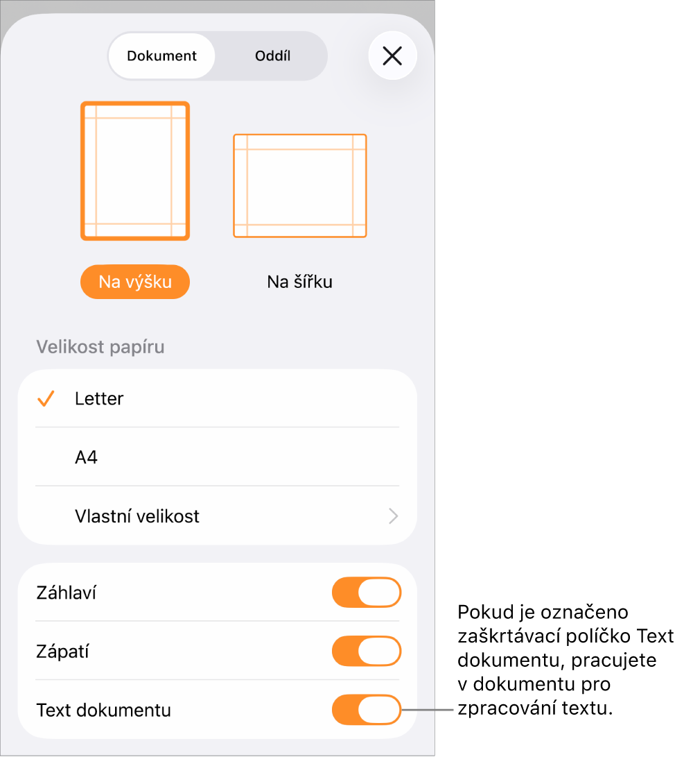 Otevřené Nastavení dokumentu se zaškrtnutým políčkem Text dokumentu v dokumentu pro zpracování textu