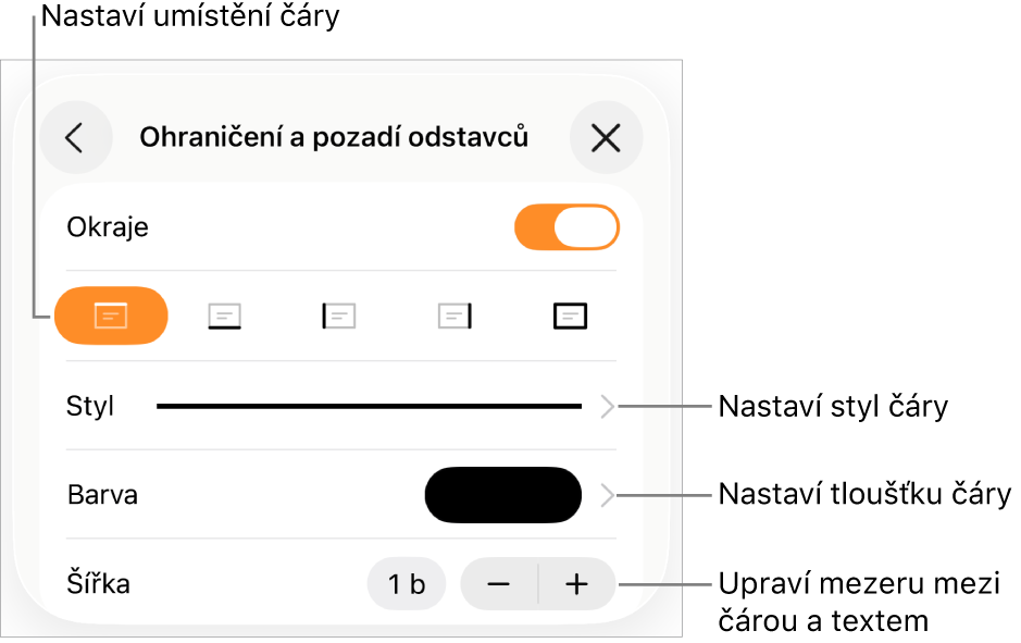 Ovládací prvky pro změnu stylu čáry, její tloušťky, umístění a barvy