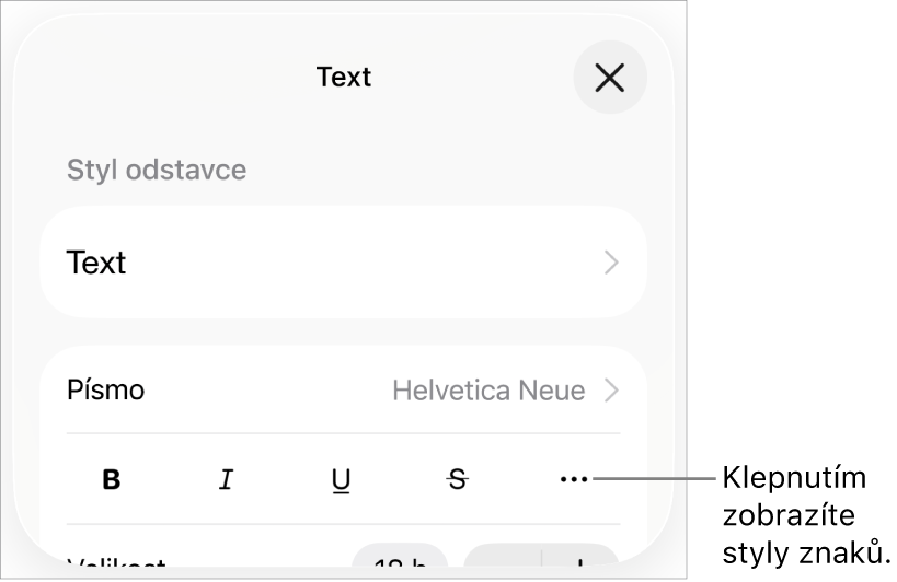 Ovládací prvky formátování, obsahující tlačítka Tučné, Kurzíva, Podtržené, Přeškrtnuté a Další textové volby