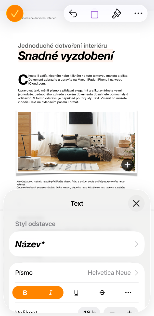 V otevřeném dokumentu je vybraný text a volby textu jsou zobrazené dole