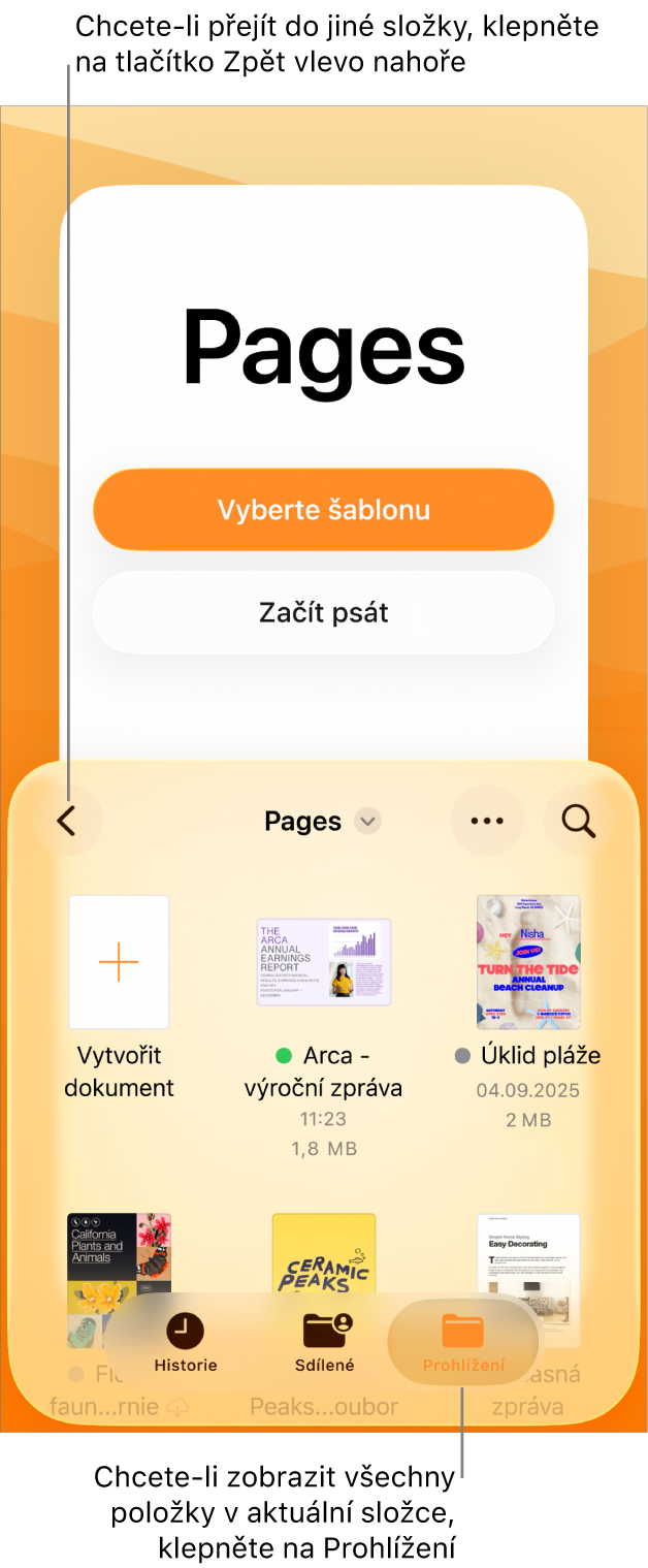 Správce dokumentů v zobrazení procházení s tlačítkem Zpět v levém horním rohu a polem hledání pod ním. Pod polem Hledat je vedle náhledů existujících dokumentů tlačítko Vytvořit dokument. V pravém horním rohu se nachází tlačítko Přidat dokument a tlačítko Další. Dole na obrazovce jsou tlačítka Poslední, Sdílené a Procházet.