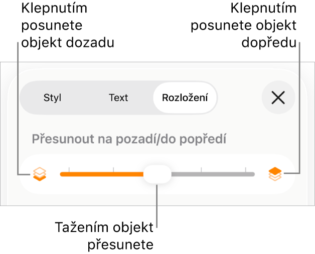 Tlačítko pro přesun vzad, tlačítko pro přesun vpřed a posuvník vrstev