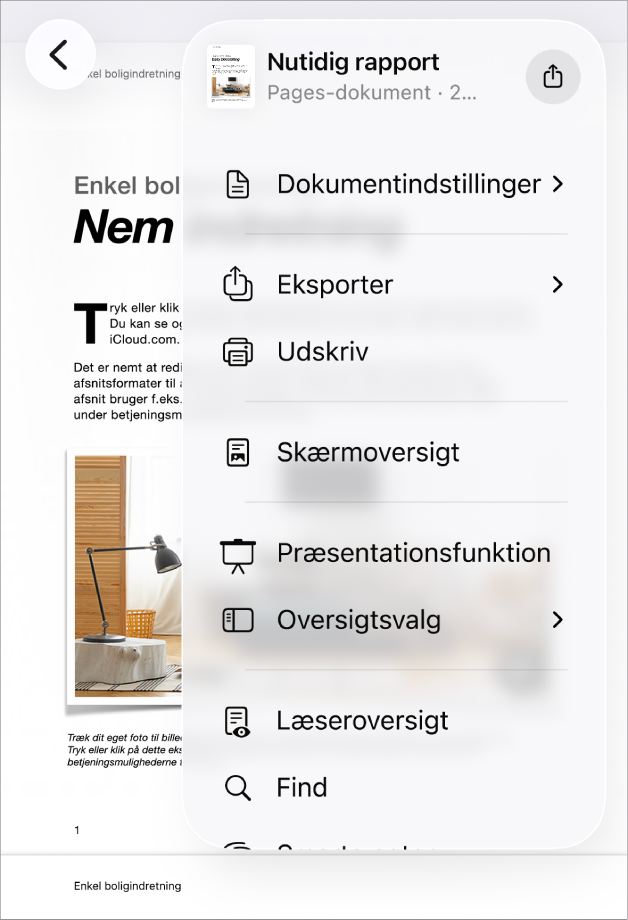 Menuen Del vises med indstillinger til at sende øverst og mulighederne Kopier, Eksporter og send, Udskriv, Ny hurtignote, Tilføj mærker og Gem i Arkiver nederst.