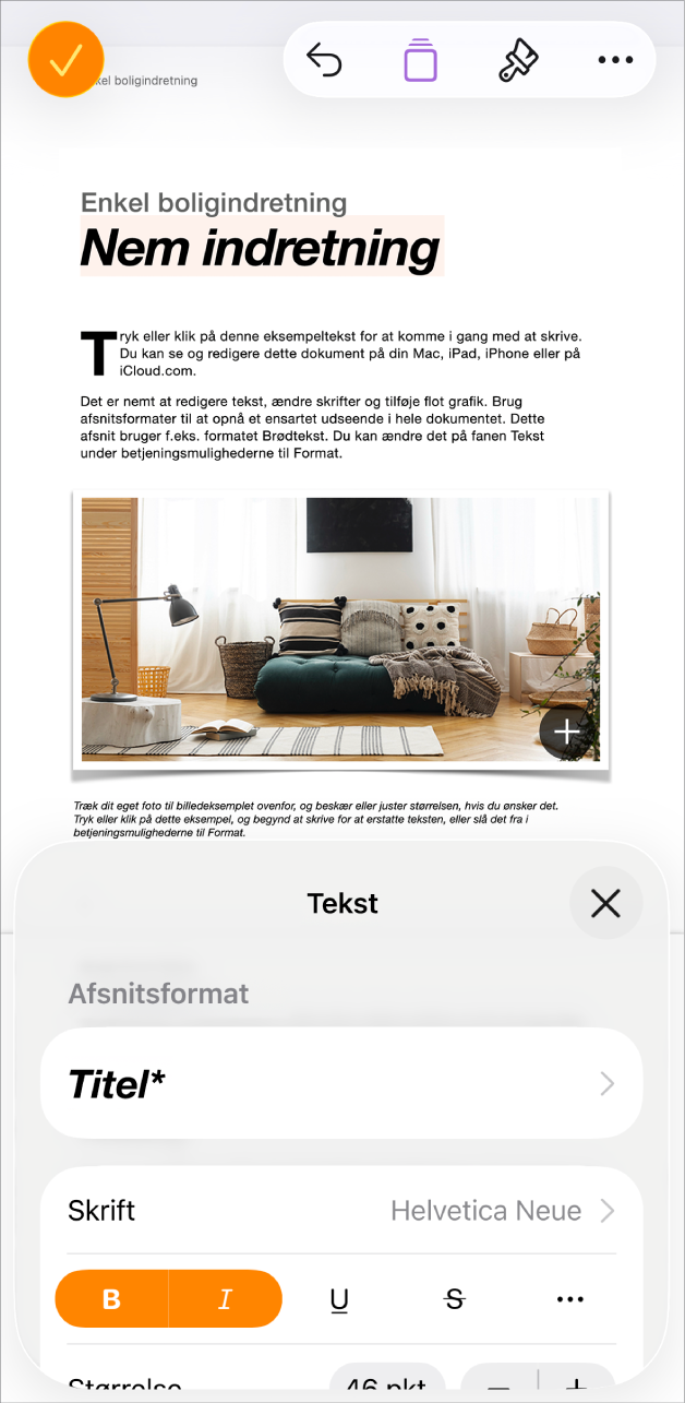 I et åbent dokument er der valgt tekst, og nederst vises tekstindstillinger.