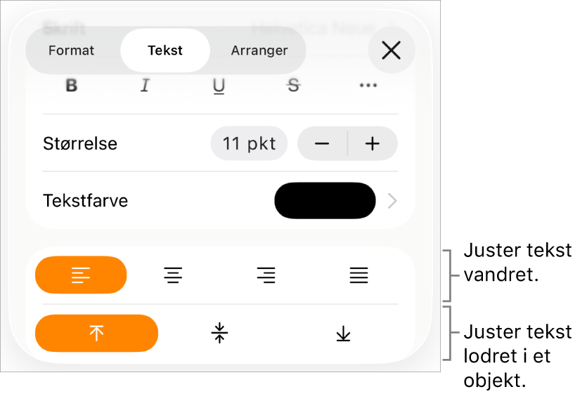 Vinduet Layout med billedforklaringer til knapperne til justering af tekst og afstand.