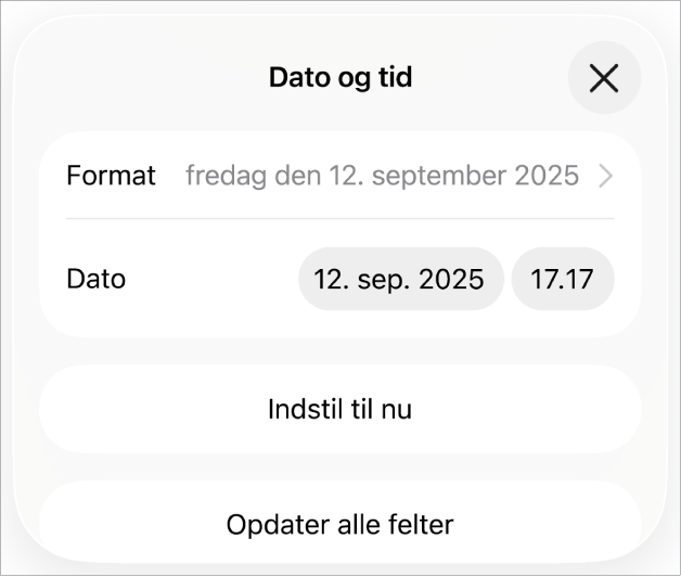 Betjeningsmuligheden Dato & tid viser en lokalmenu til datoformat samt knapperne Indstil til nu og Opdater alle felter.