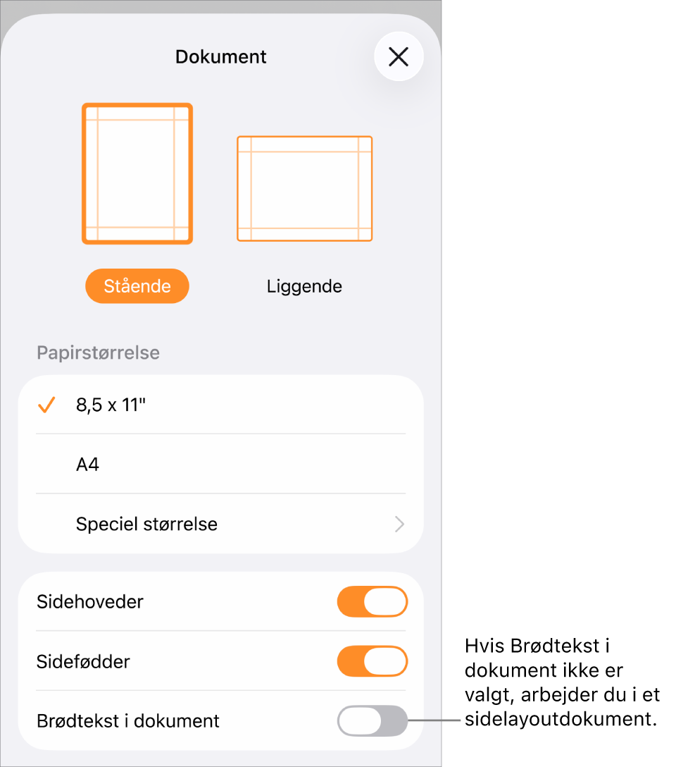 Dokumentlayout åben, hvor Brødtekst ikke er valgt i et sidelayoutdokument.