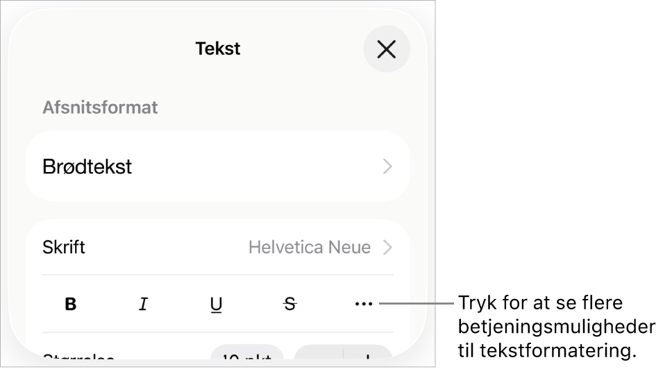 Fanen Tekst i betjeningsmulighederne til Format med en billedforklaring til knappen Flere tekstindstillinger.