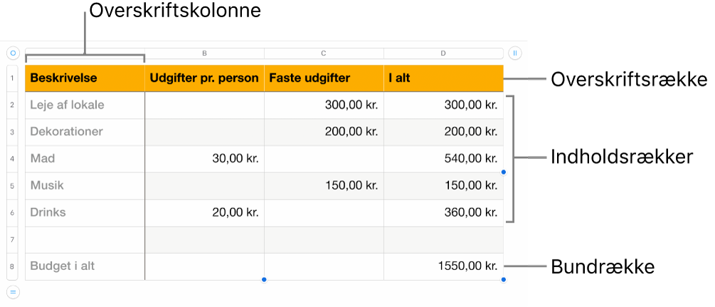 En tabel med overskrifts-, indholds- og bundrækker og -kolonner.