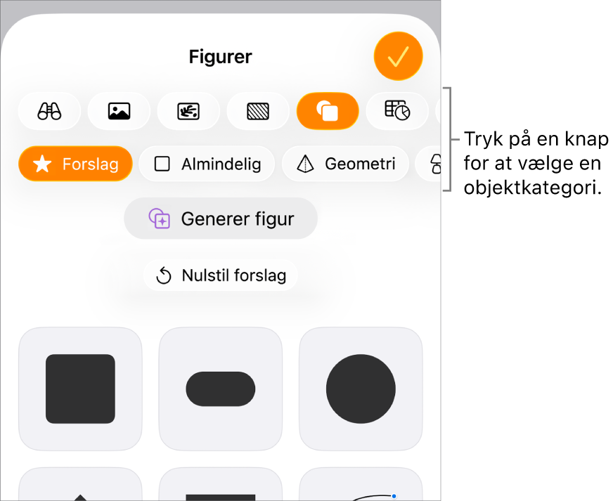 Betjeningsmulighederne til tilføjelse af et objekt med knapper øverst til valg af tabeller, diagrammer og figurer (herunder streger og tekstfelter) og medier.