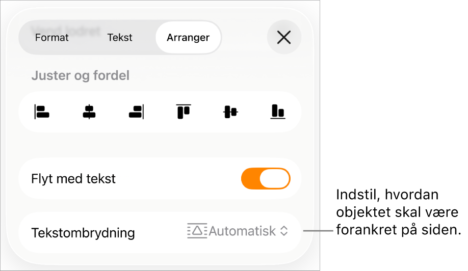 Betjeningsmulighederne til Arranger med Flyt med tekst og Tekstombrydning.