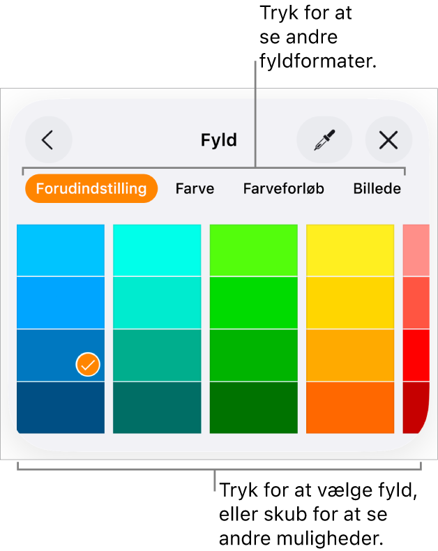 Fyldmuligheder på fanen Format til knappen Format.