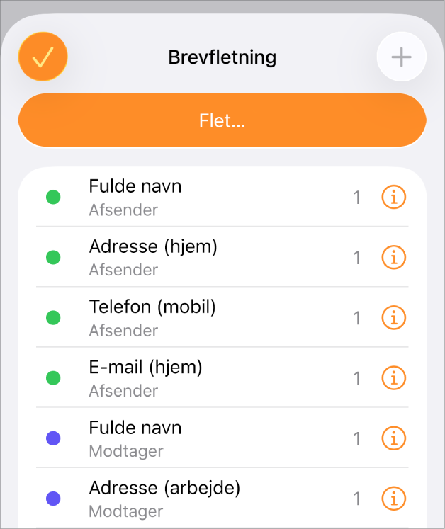 Forekomster af flettefelter vises på menuen Brevfletning.
