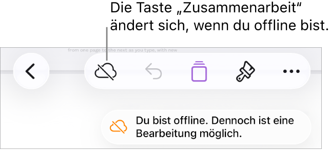 Die Tasten oben auf dem Bildschirm, darunter die Taste „Zusammenarbeit“, die als mit einer diagonalen Linie durchgestrichenen Wolke dargestellt wird. Ein Hinweis auf dem Bildschirm besagt, dass du offline bist, aber weiterhin arbeiten kannst.