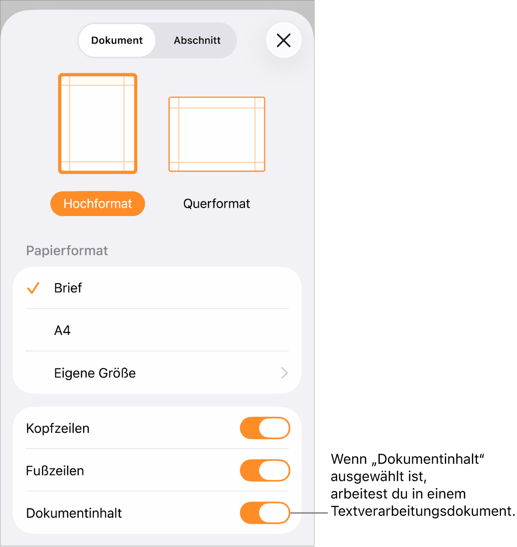 Die geöffnete Dokumentkonfiguration mit dem markierten Feld „Dokumentinhalt“ in einem Textverarbeitungsdokument.