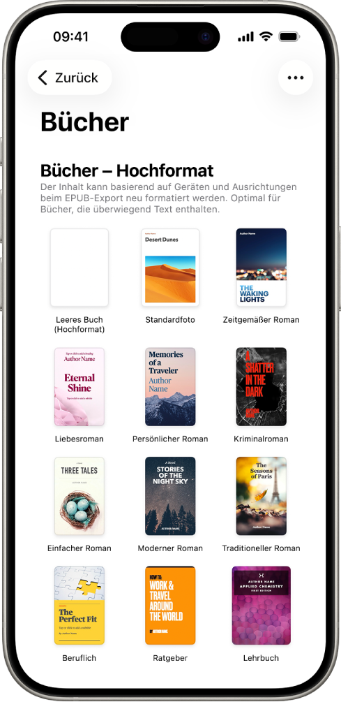 Die Vorlagenauswahl mit Buchvorlagen im Hochformat oben und im Querformat darunter