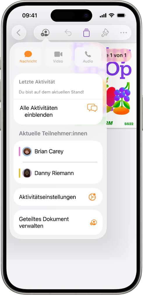 Das Menü für die Zusammenarbeit mit den Namen von Personen, die gemeinsam ein Dokument bearbeiten.