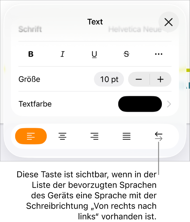 Die Textsteuerelemente im Menü „Format“ mit einer Beschreibung der Taste „Von rechts nach links“