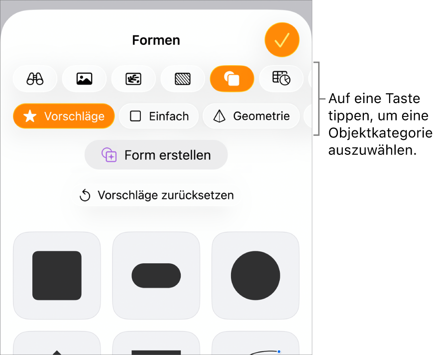 Die Steuerelemente zum Hinzufügen eines Objekts mit Tasten am oberen Rand zum Auswählen von Tabellen, Diagrammen und Formen (einschließlich Linien und Textfelder) sowie Medien