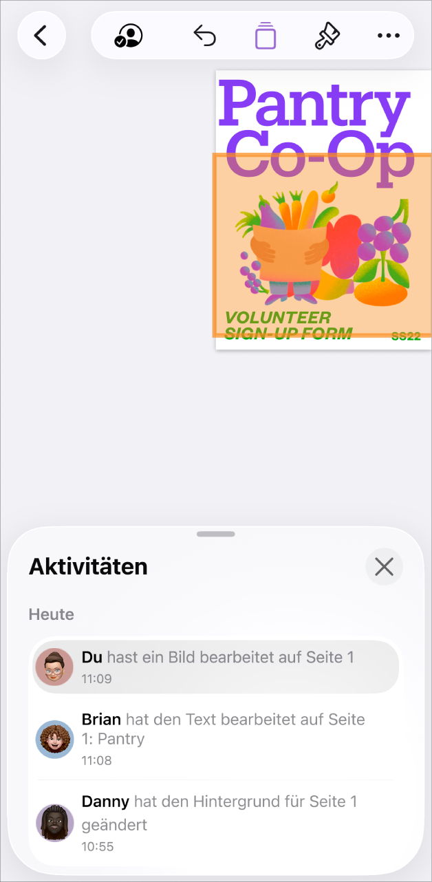 Das Menü „Zusammenarbeiten“ mit einer Liste der aktuellen Teilnehmer:innen.