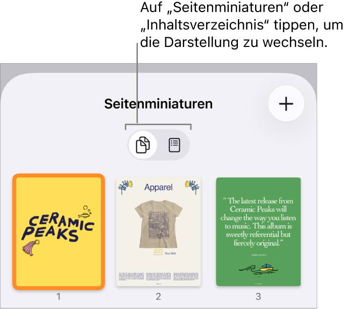 Die Miniaturdarstellung der Seiten mit einer Miniatur jeder Dokumentseite. Die Taste „Seitenminiaturen“ und die Taste „Inhaltsverzeichnis“ unten auf dem Bildschirm.
