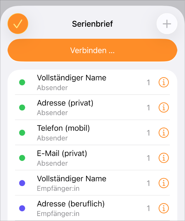 Die Liste der Serienbrieffeld-Instanzen im Menü „Serienbrief“.