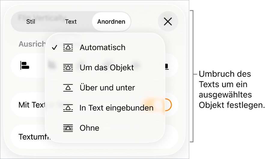 Die Steuerelemente für Textumbruch mit Einstellungen für „Automatisch“, „Um das Objekt“, „Über und unter“, „In Text eingebunden“ und „Ohne“.