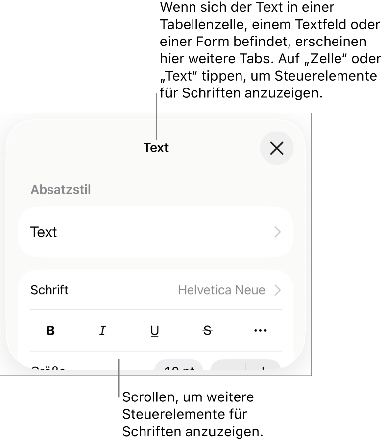 Textsteuerelemente im Menü „Format“ zum Festlegen von Absatz- und Zeichenstilen, Schrift, Größe und Farbe