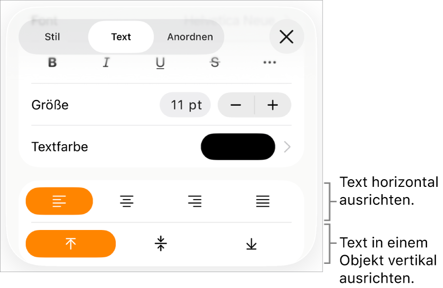 Der Bereich „Layout“ mit Beschreibungen der Ausrichtungstasten und zu den Abstandstasten für Text