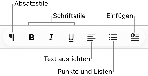 Die schnelle Formatierungsleiste mit Symbolen für Absatzstile, Schriftstile, Textausrichtung, Aufzählungszeichen und Listen sowie zum Einfügen von Elementen