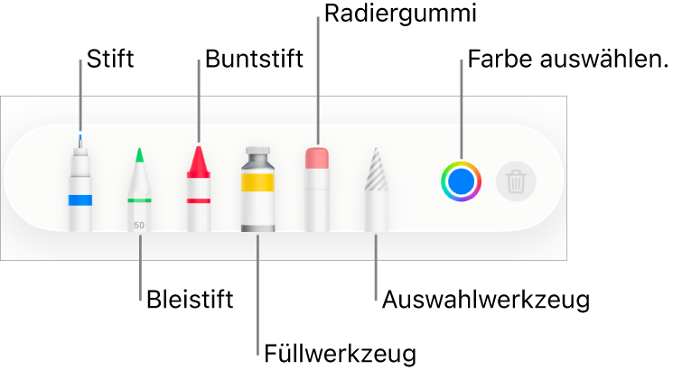 Die Zeichen-Symbolleiste in Pages auf dem iPhone mit Werkzeugen wie Stift, Bleistift, Buntstift, Füllwerkzeug, Radiererwerkzeug, Auswahlwerkzeug und Farbfeld mit der aktuellen Farbe